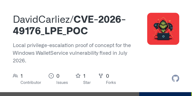nday: CVE-2026-49176_LPE_POC: Local privilege-escalation proof of concept for the Windows WalletService vulnerability fixed in July 2026.