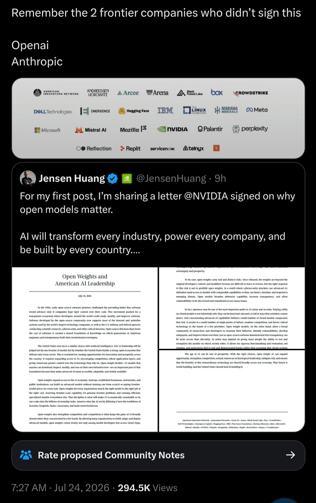 OpenAI refuses to sign letter supporting Open weight models.