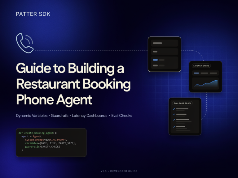 Patter SDK Guide to Building a Restaurant Booking Phone Agent with Dynamic Variables, Guardrails, Latency Dashboards, and Eval Checks