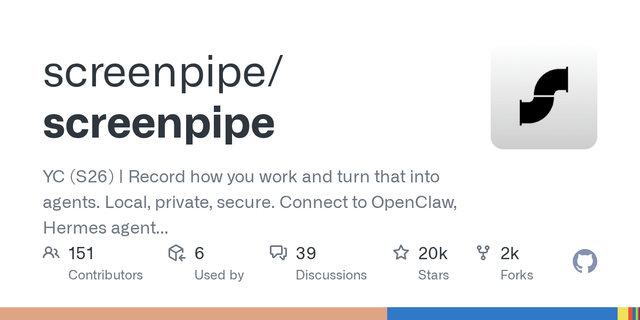 GitHub – screenpipe/screenpipe: YC (S26) | Record how you work and turn that into agents. Local, private, secure. Connect to OpenClaw, Hermes agent and 100+ apps