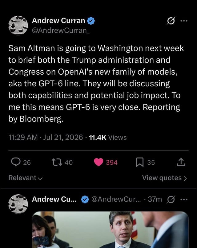 Sam Altman to brief Trump admin next week on GPT-6 and its capabilities/potential job impact, according to Bloomberg