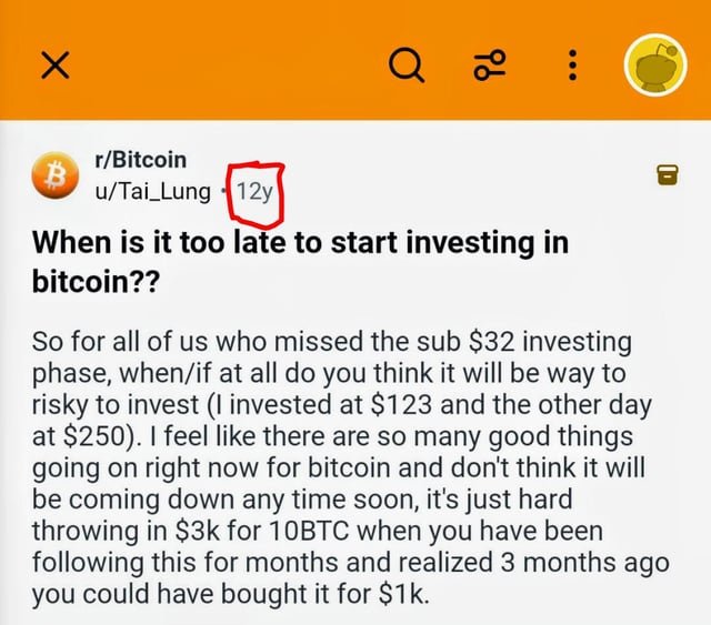 12 years ago people ask it is late to start invest in bitcoin.