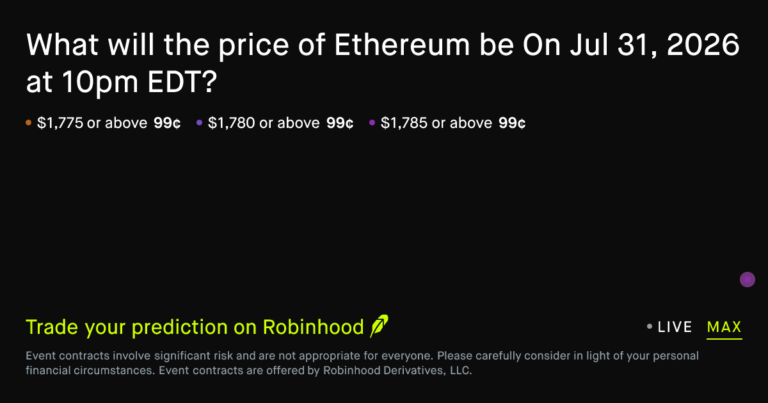 ETH price on Jul 31, 2026 at 10pm EDT Crypto Prediction Market – Robinhood